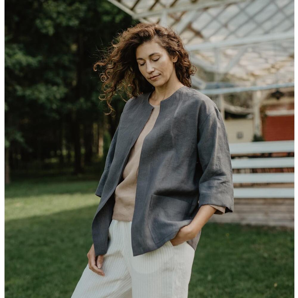 EILEEN FISHER Stand Collar Linen Open Front Jacket Steel Gray {3S24} - Picture 1 of 5